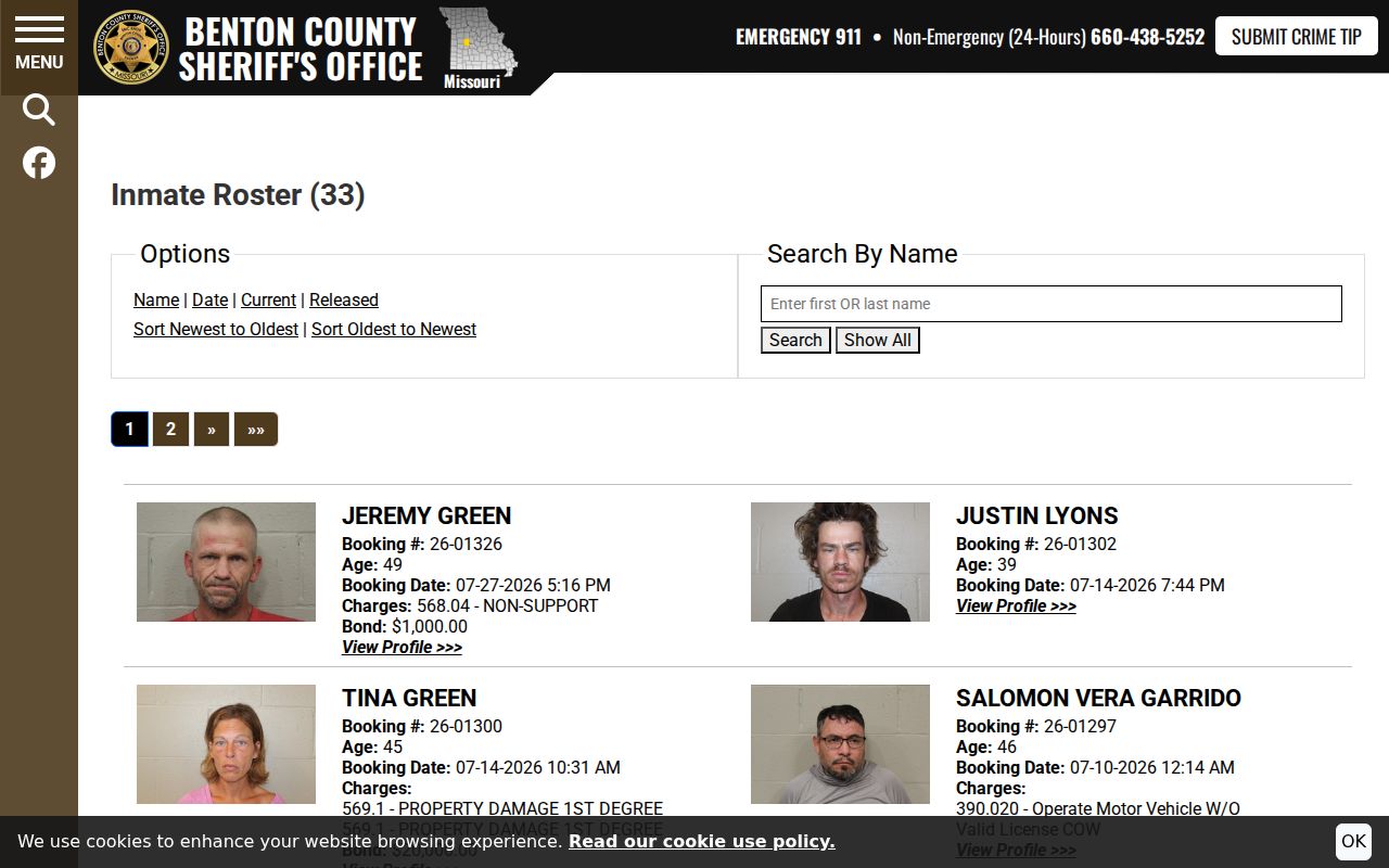Benton County arrest history current roster search controls with identifying results cropped from view