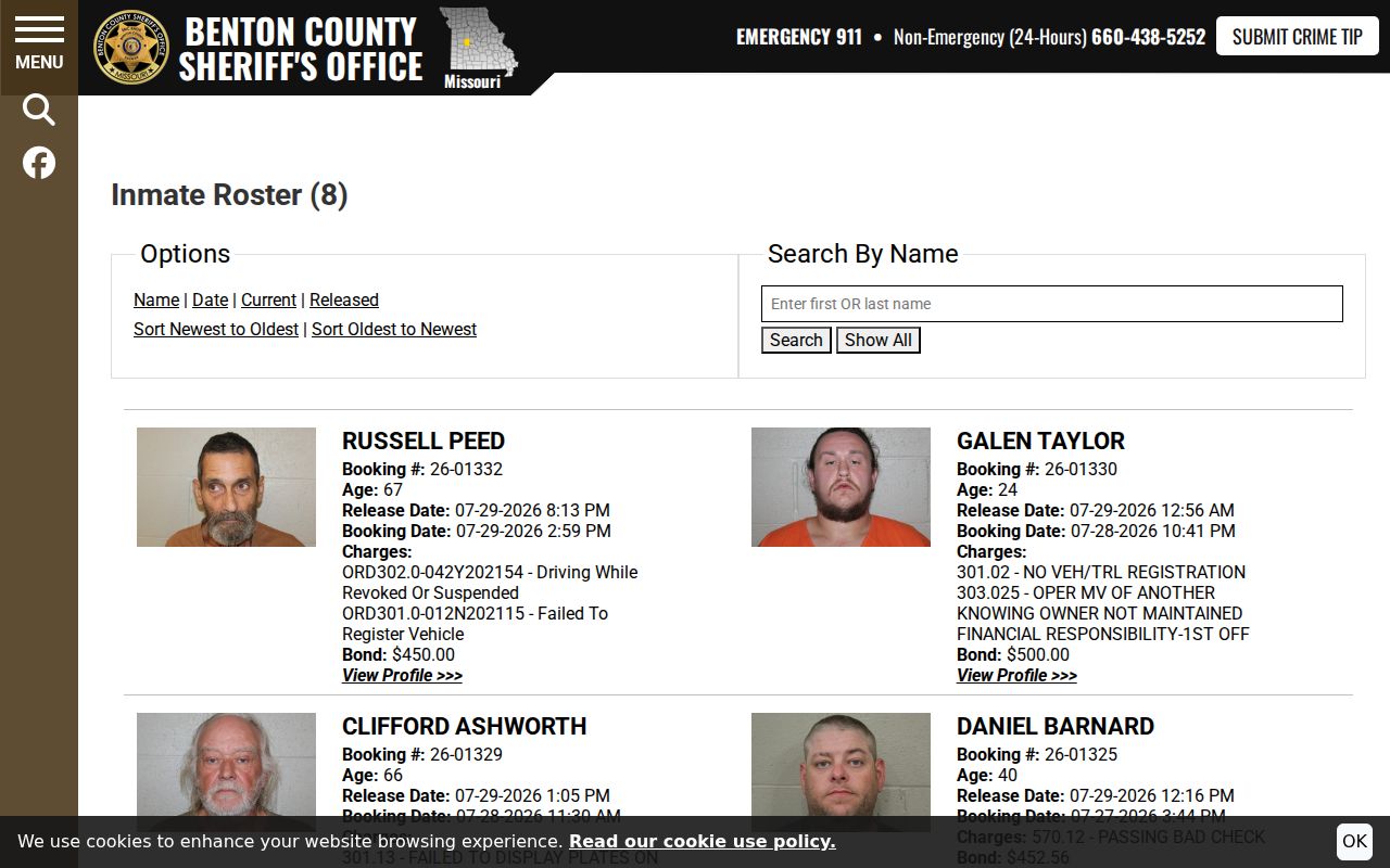 Benton County arrest history released roster search controls with identifying results cropped from view