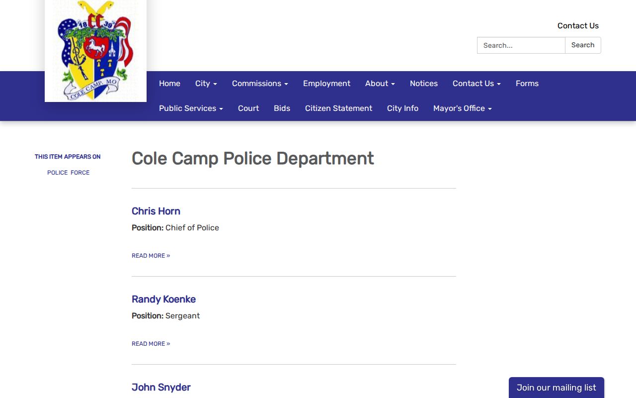 Cole Camp criminal records contact on the official police department page