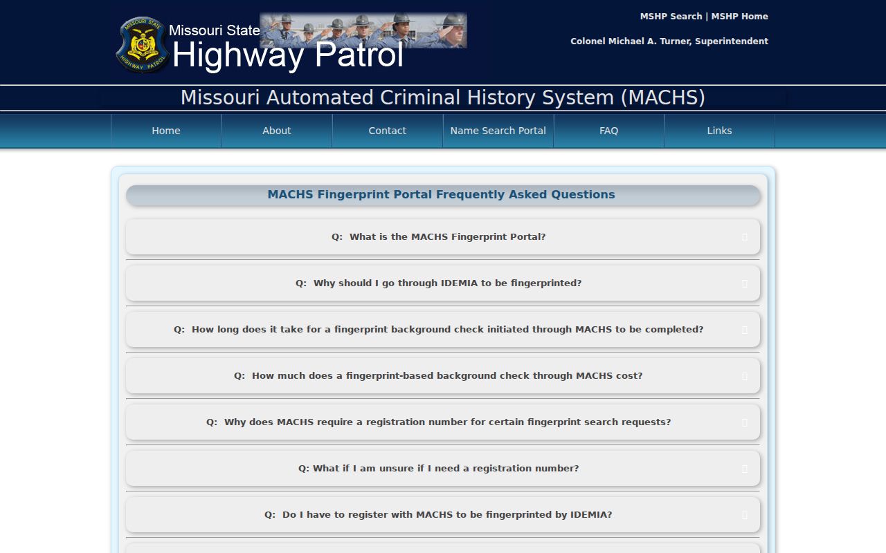 Cole Camp criminal history fingerprint search information from official MACHS guidance