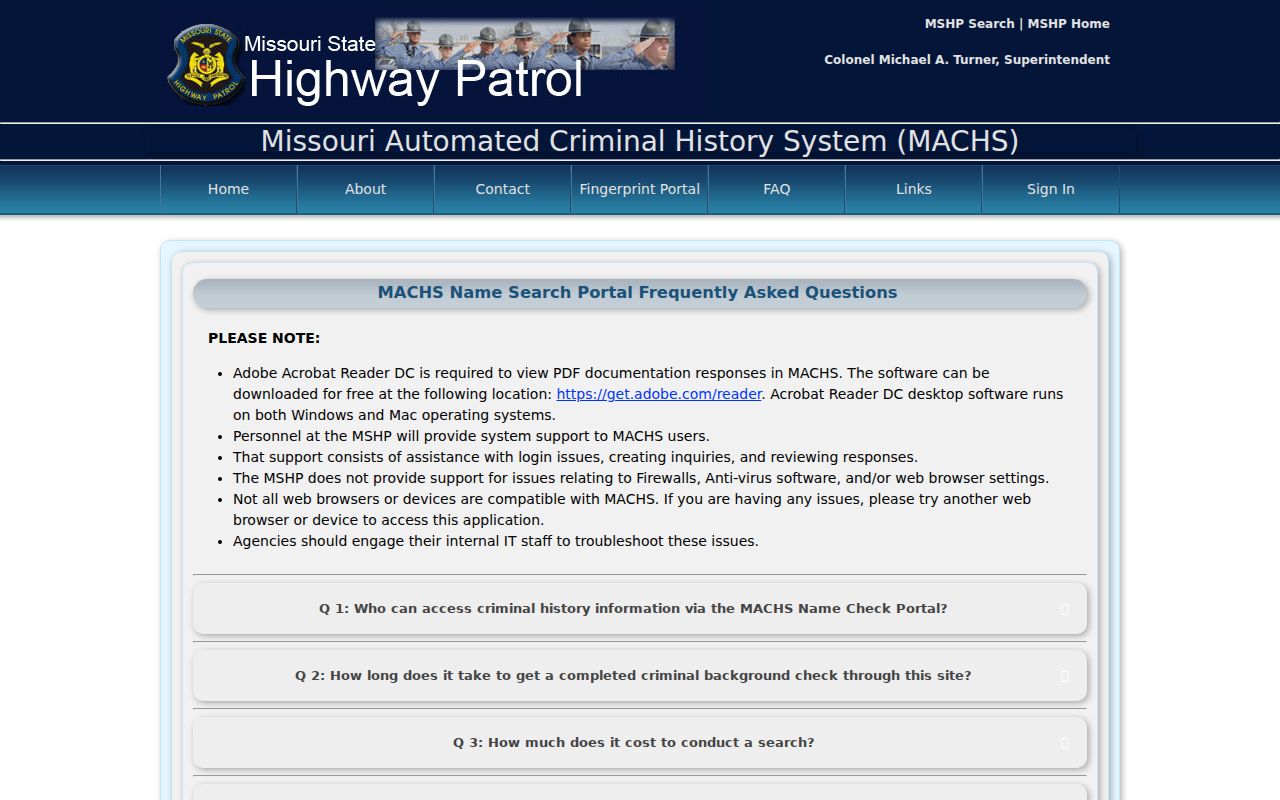 Cole Camp criminal history update guidance in the official MACHS FAQ