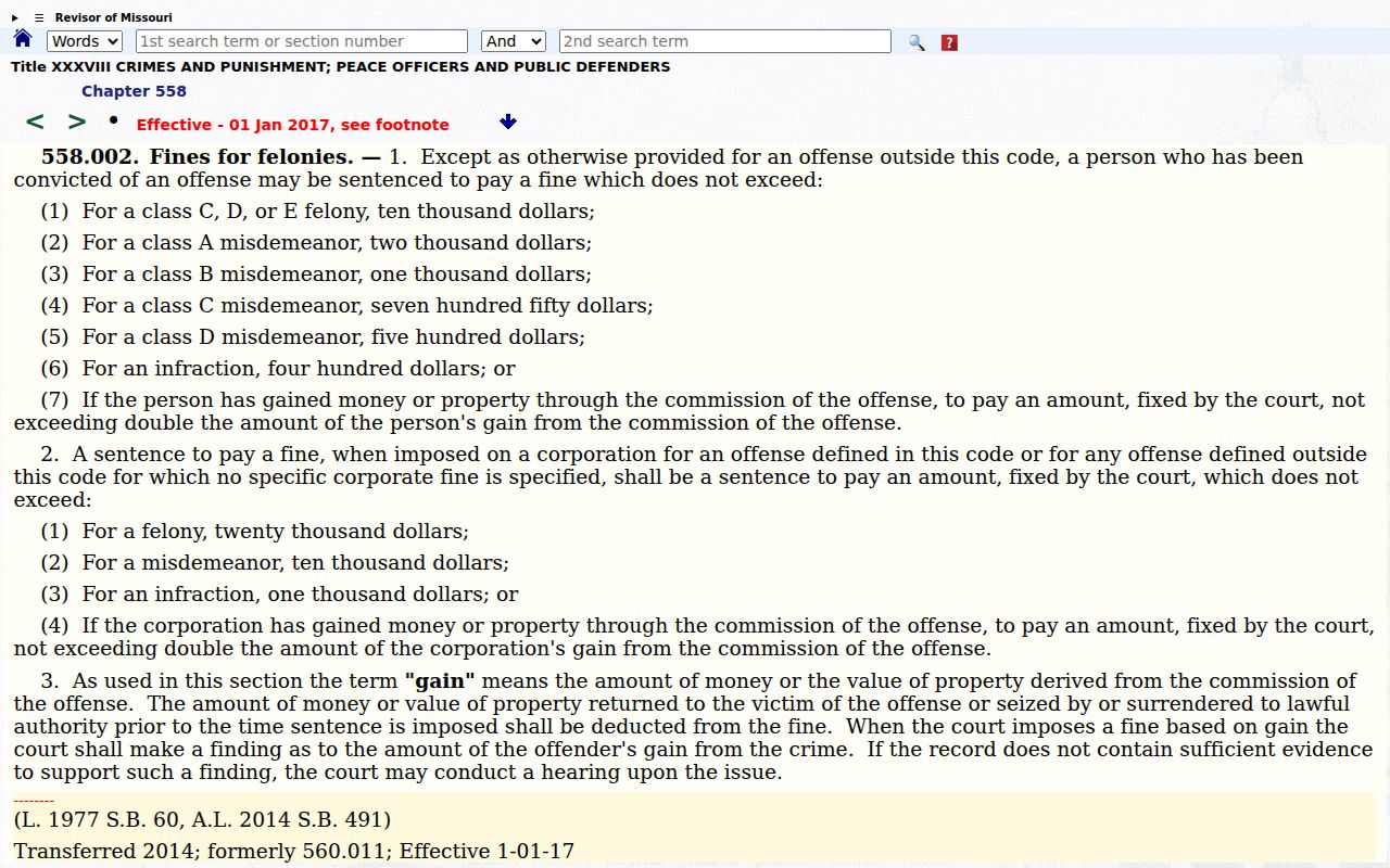 Cole Camp criminal court record context in the official Missouri fine statute