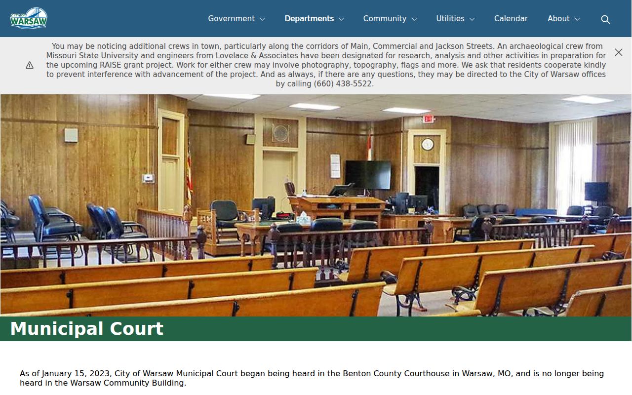 Benton County criminal court case notice for Warsaw municipal court consolidation