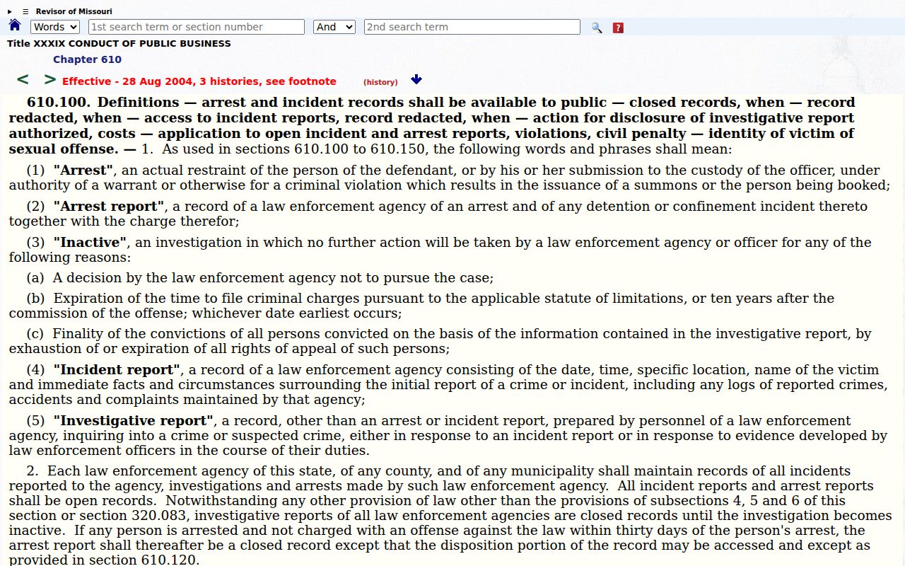 Lincoln arrest record access law in the official Missouri statutes