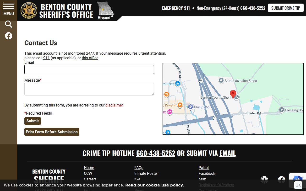 Warsaw criminal records contact route on the Benton County Sheriff form